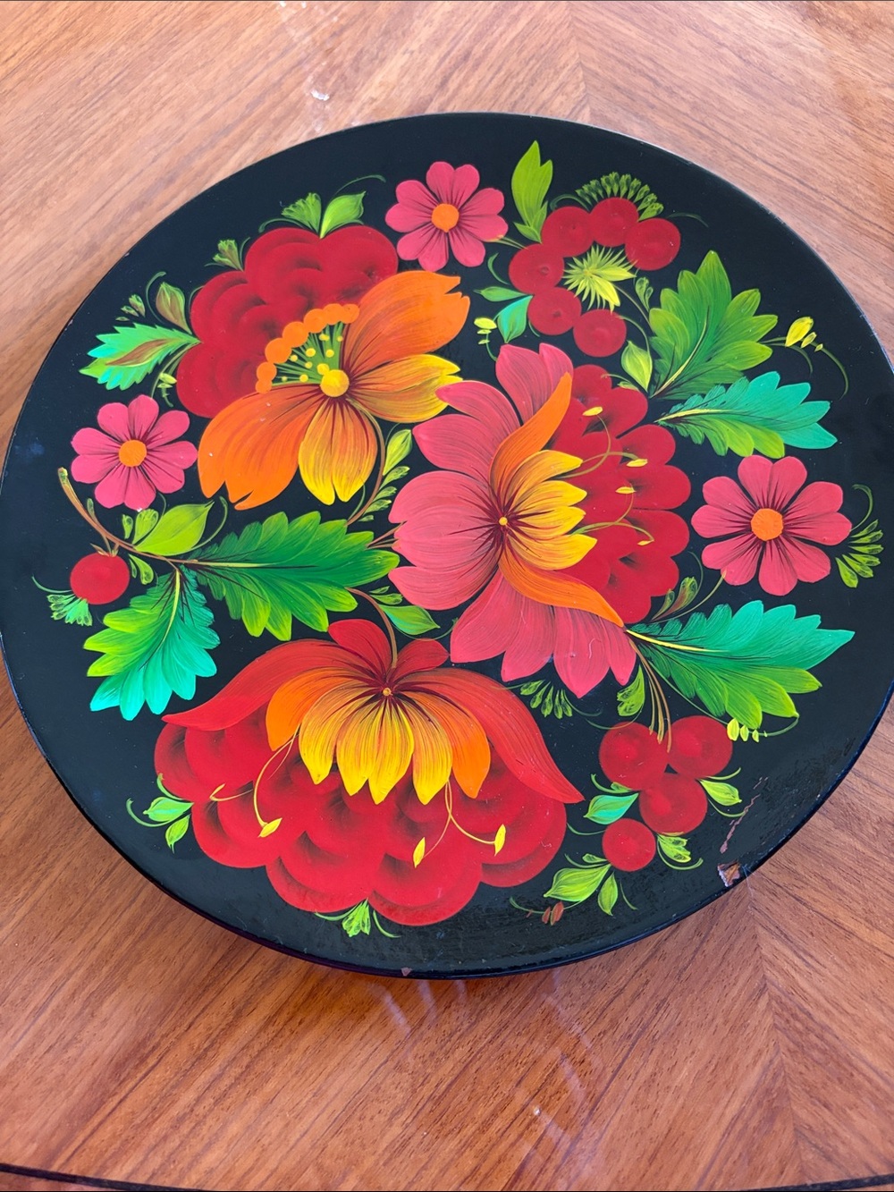 Hand-Painted Floral Decorative Plate — Vibrant Red, Orange & Green Flowers
